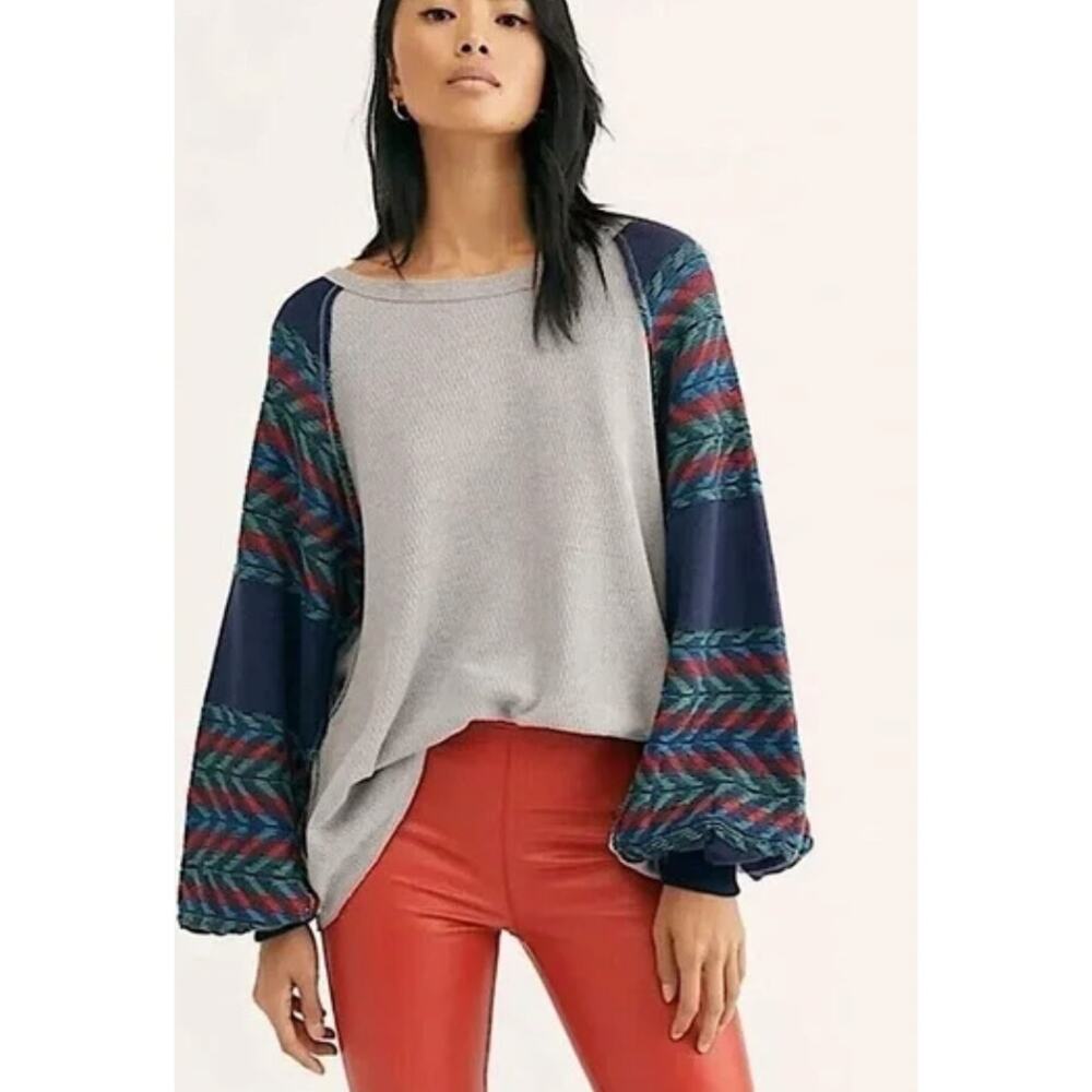 Free People Rainbow Dreams Thermal Aztec Print Top Shirt Oversized Size Small